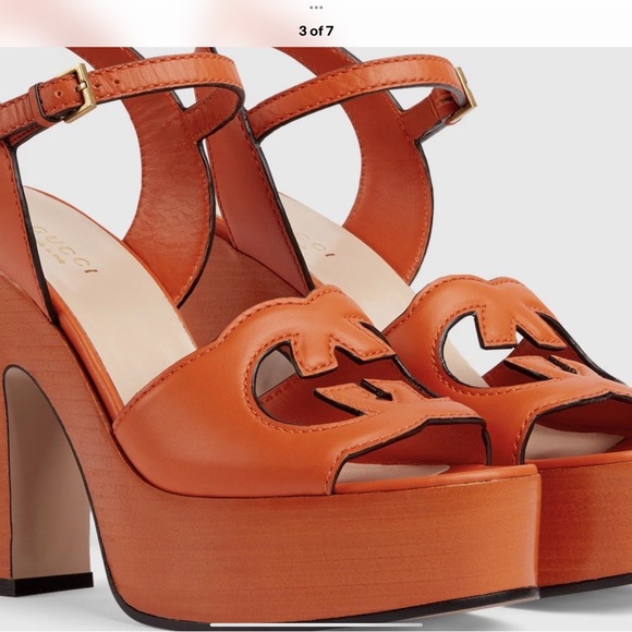 GUCCI WOMENS INTERLOCKING G CUTOUT ORANGE SANDALS NIB GORGEOUS 37.5 - Picture 3 of 7